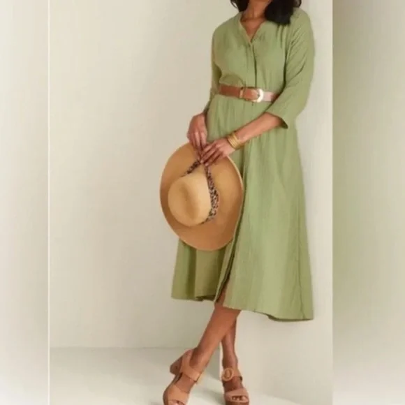 NWT SOFT SURROUNDINGS Drina Gauze Button Front Midi Dress Fern‎ Green Sz Medium - Picture 2 of 12